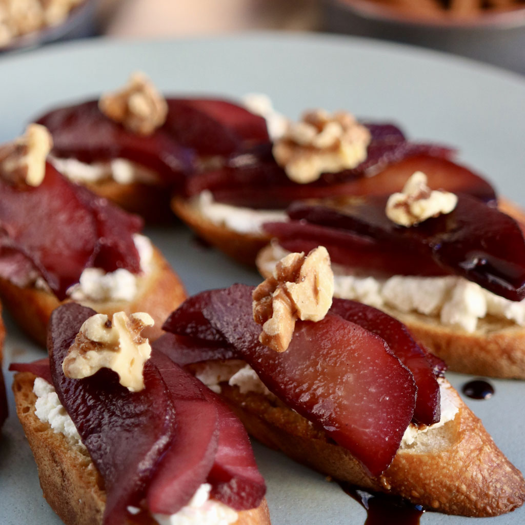 Crostini with Goat Cheese & Wine-Poached Pears - Dough Wines